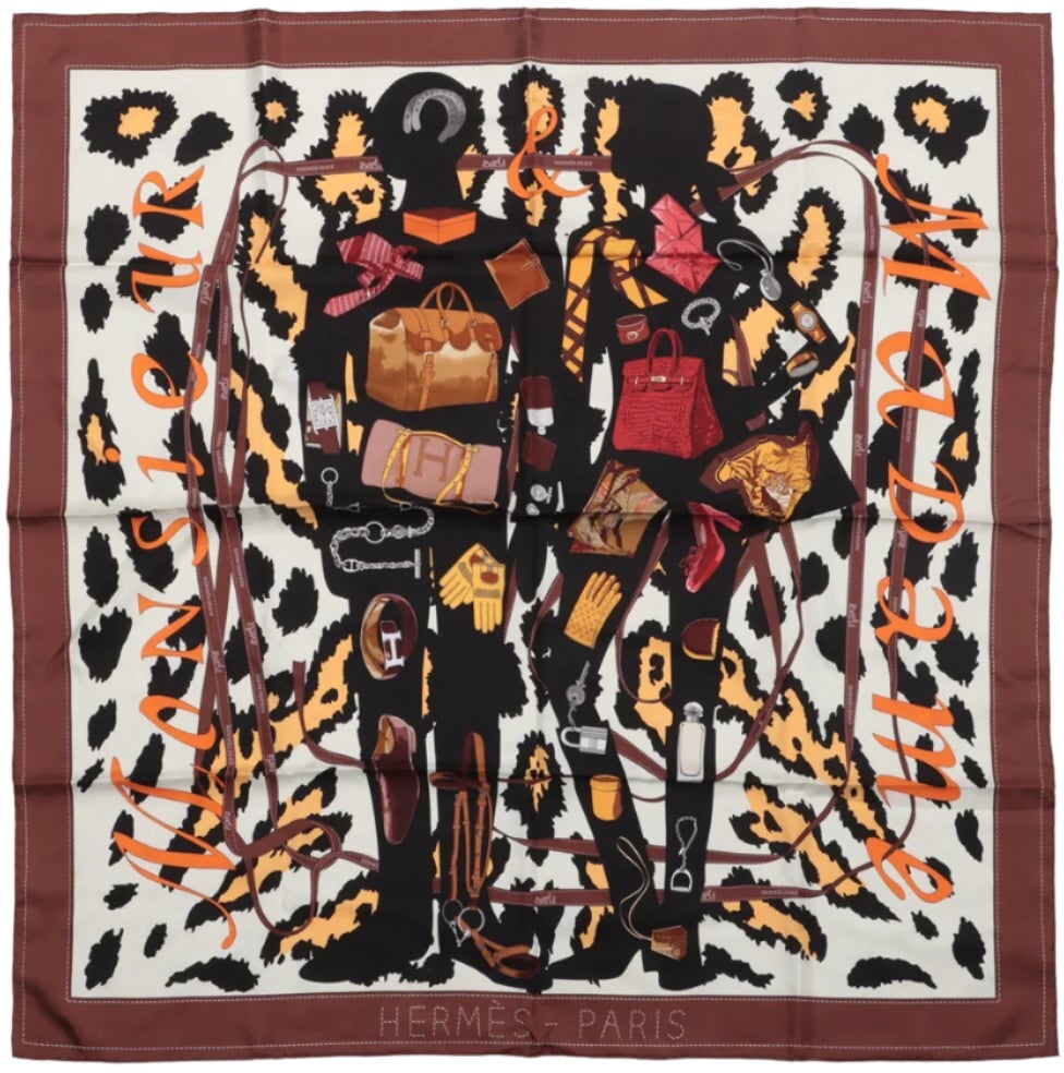 Hermès Hermès Carré 90 "Monsieur et Madame" Silk handkerchief in Brown Bruin