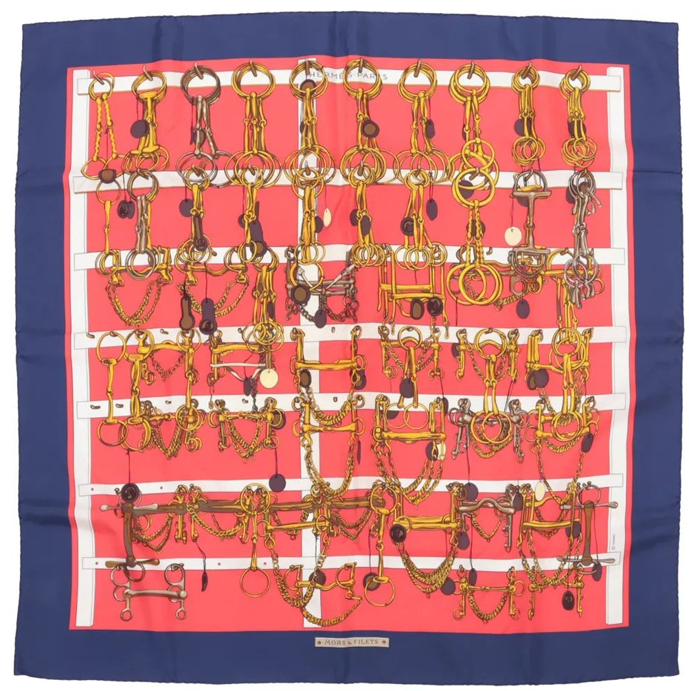 Hermès Hermès Carré 90 "MORS&FILETS" Silk handkerchief in Red x Navy Blue Rood