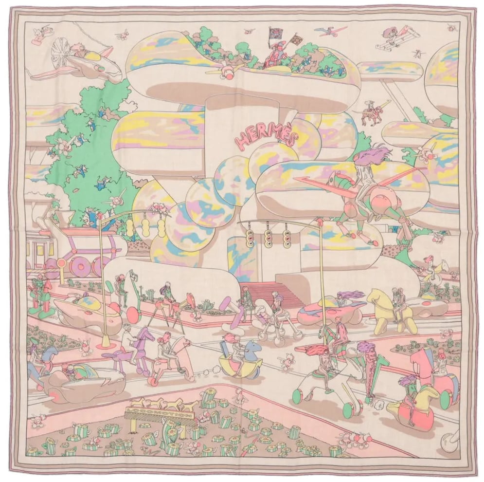 Hermès Hermès Carré Geant "LOCOMOTION" Cashmere and Silk Scarf in Beige Beige