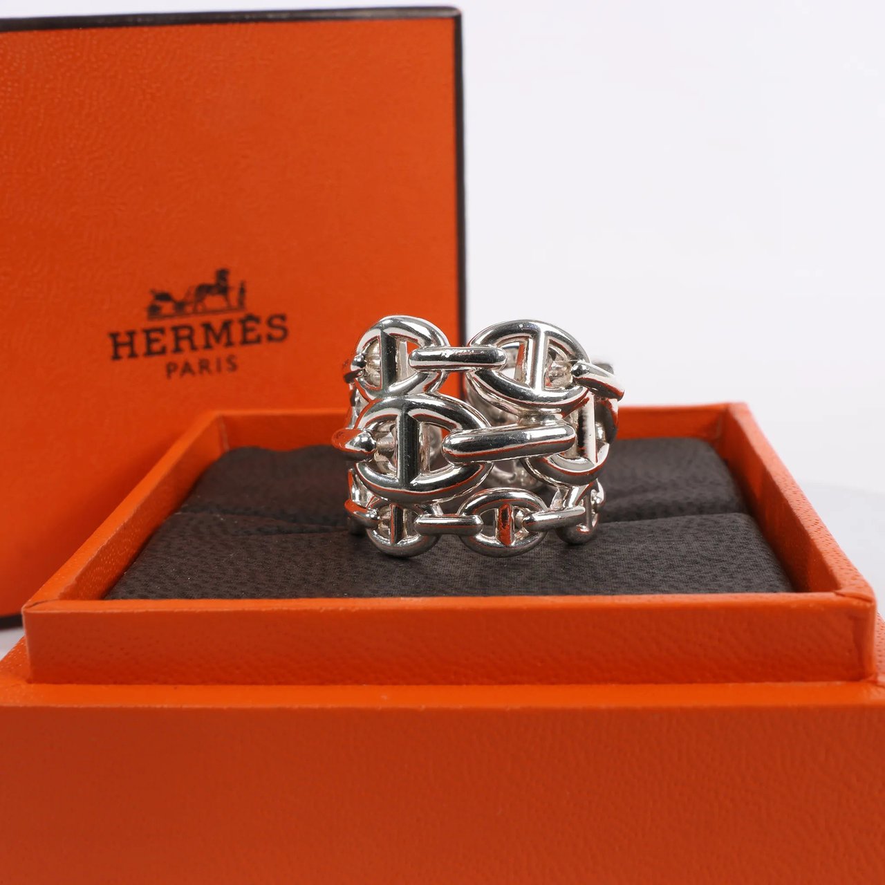 Hermès Hermes Chaîne d'Ancre Enchaînée Silver Ring, Size 54 EU Zilver