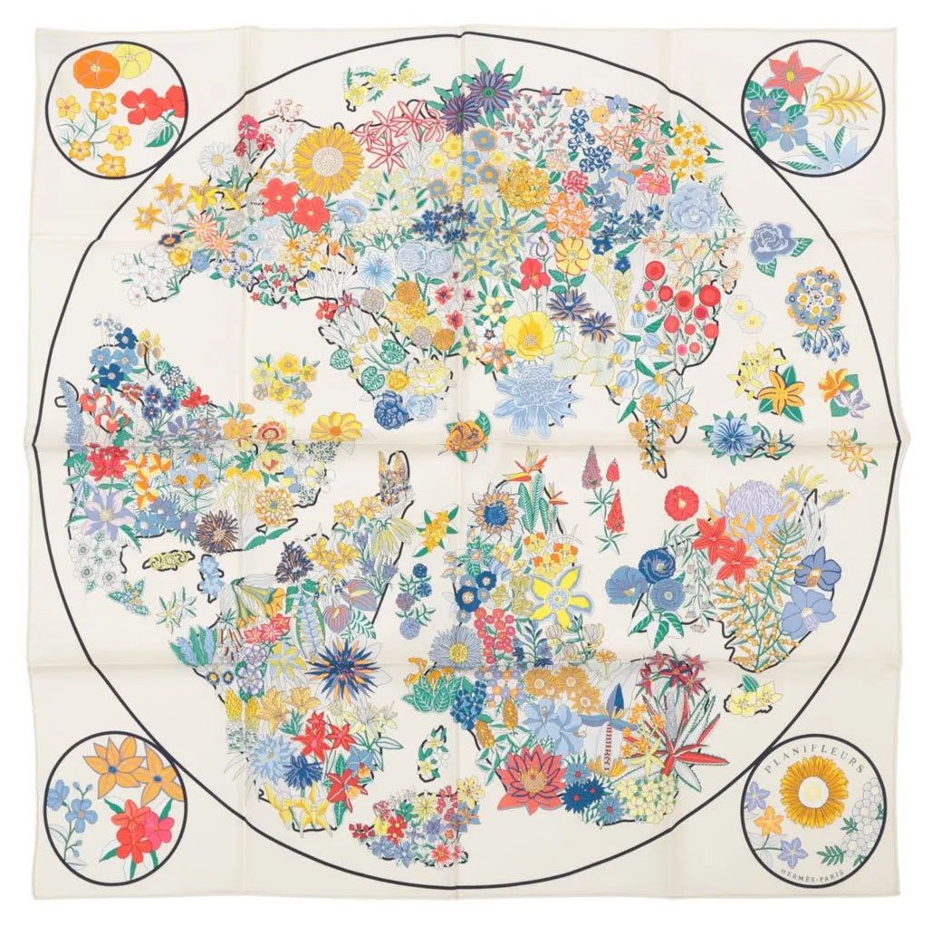 Hermès Hermès Carré 90 "PLANIFLEURS" Silk handkerchief in Ecru Divers