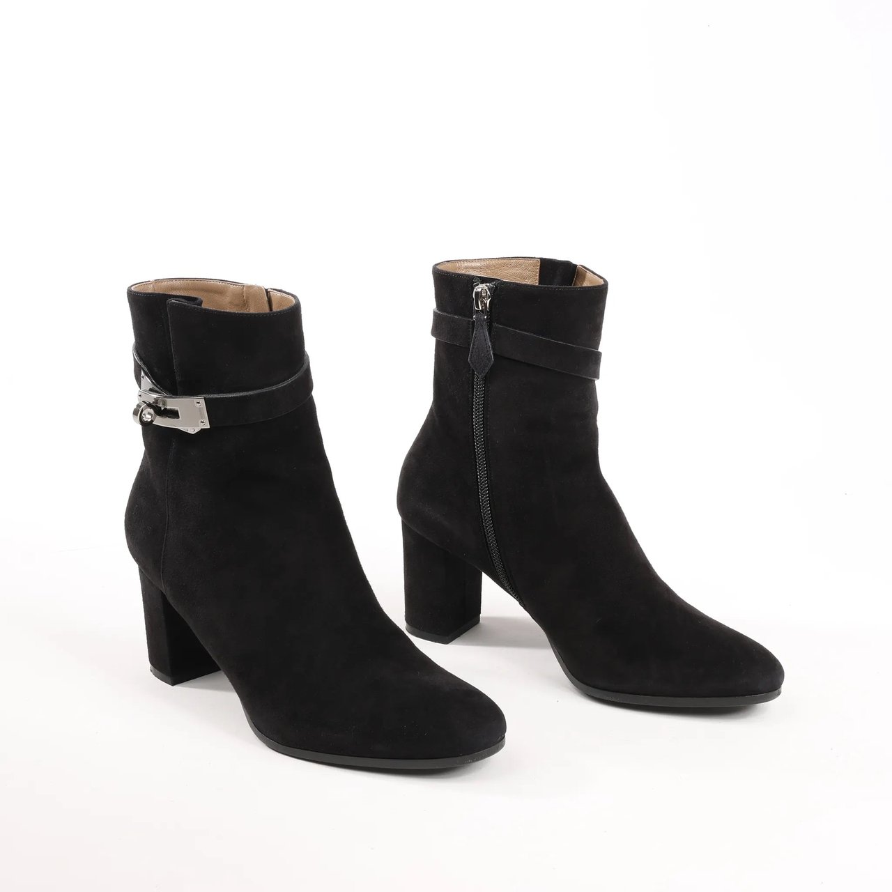 Hermès Hermes Saint Germain Kelly Metal Fittings Suede Ankle Boots in Black, Size 37 EU Zwart