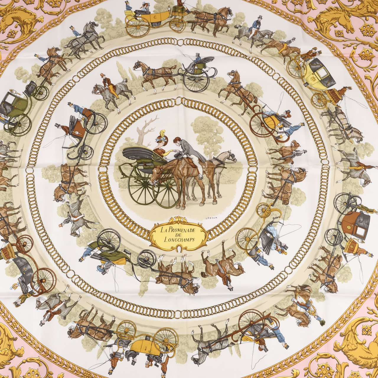 Hermès Hermès Carré 90 "LA PROMENADE DE LONGCHAMPS" Silk handkerchief in Pink Roze