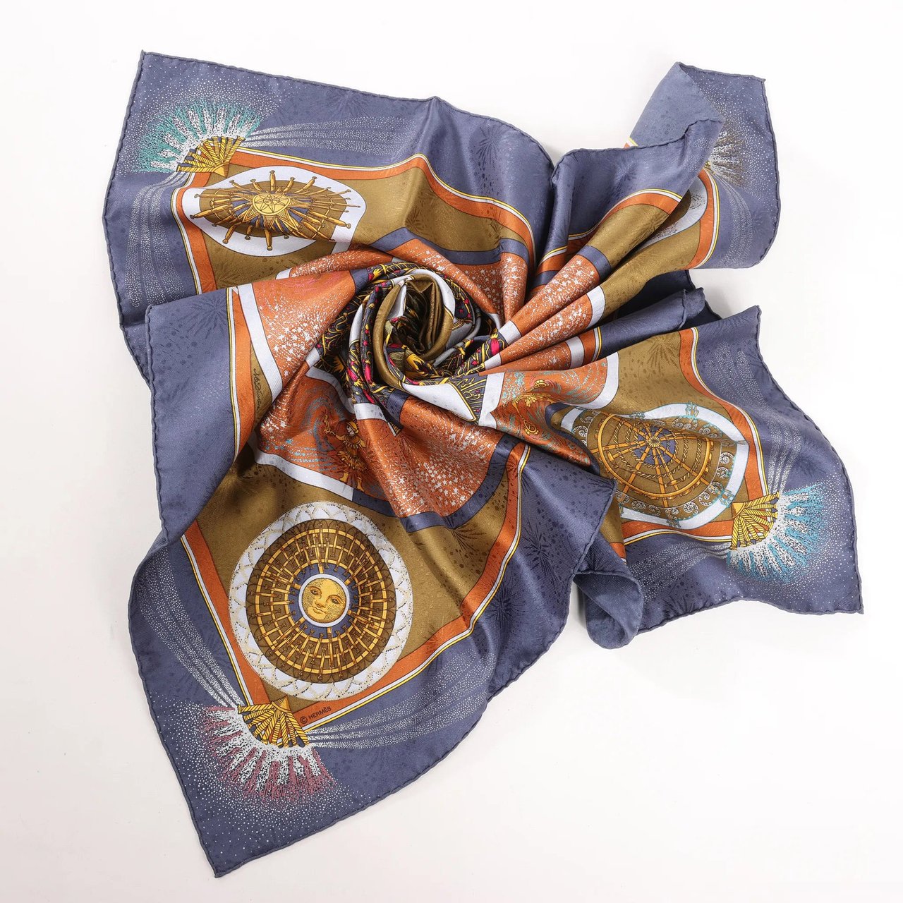 Hermès Hermès Carré 90 "FEUX D’ARTIFICE" Silk handkerchief in Navy Blue x Brown Blauw