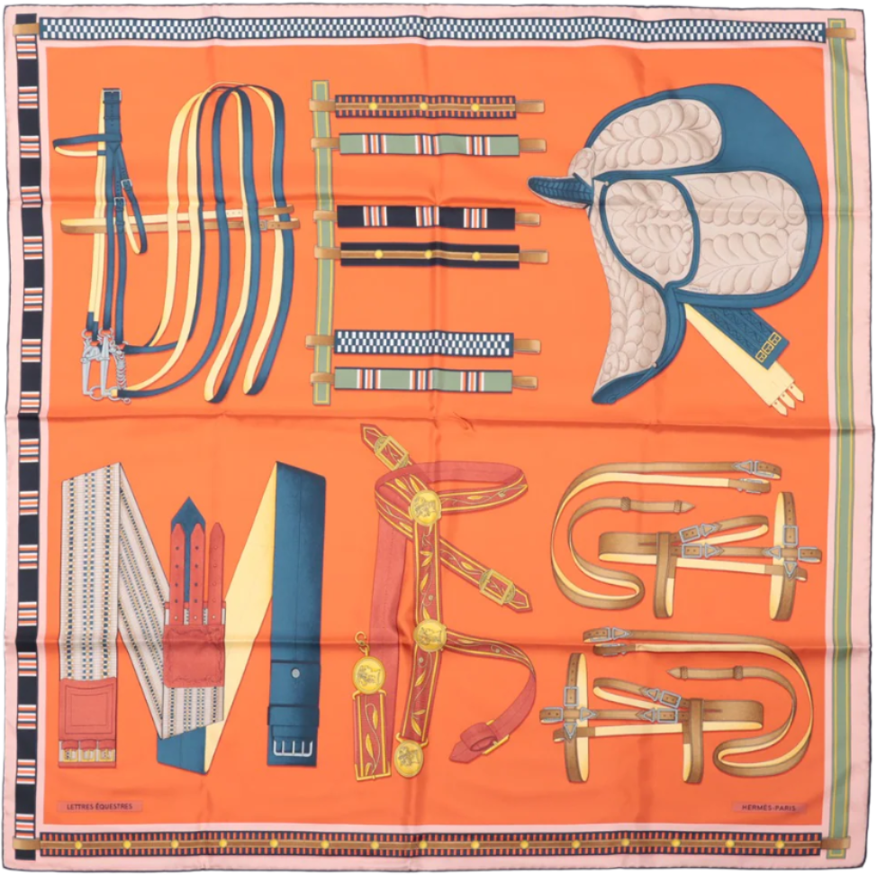 Hermès Hermès Carré 90 "LETTRES EQUESTRES" 100% Silk Scarf in Orange Oranje