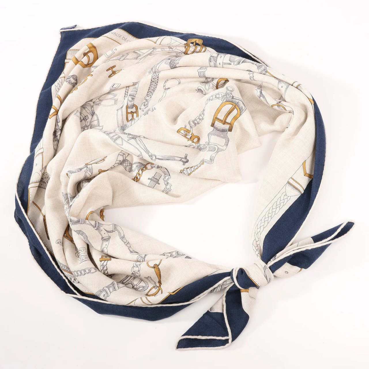 Hermès Hermès Carré Géant "Malines Chevaux Déchène" Cashmere & Silk handkerchief in Beige x Navy Blue Beige