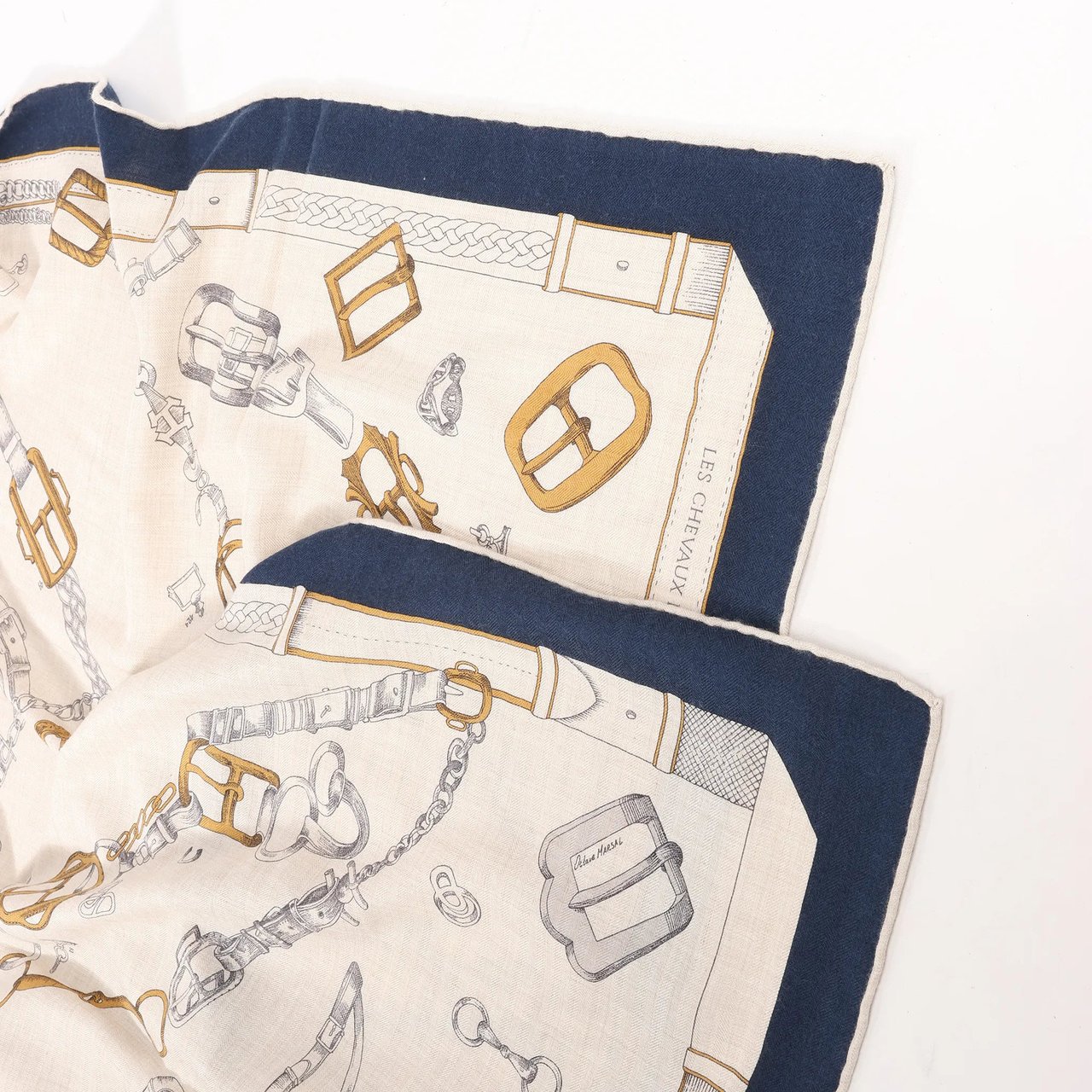 Hermès Hermès Carré Géant "Malines Chevaux Déchène" Cashmere & Silk handkerchief in Beige x Navy Blue Beige
