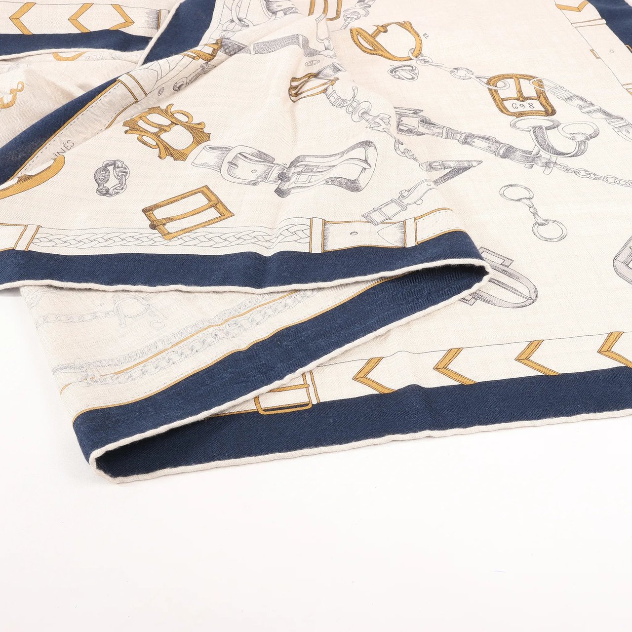 Hermès Hermès Carré Géant "Malines Chevaux Déchène" Cashmere & Silk handkerchief in Beige x Navy Blue Beige