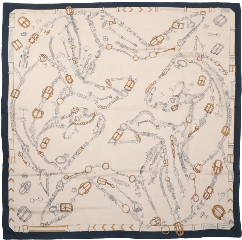 Hermès Hermès Carré Géant "Malines Chevaux Déchène" Cashmere & Silk handkerchief in Beige x Navy Blue Beige