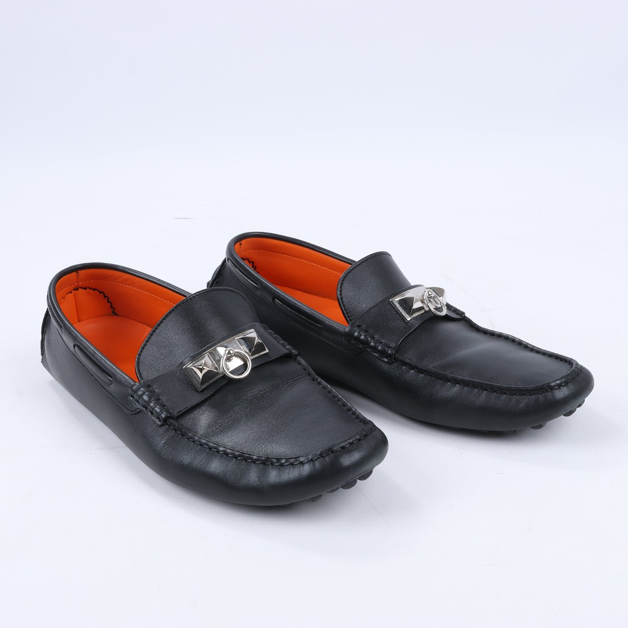 Hermès HERMES Irving Leather Driving Moccasins in Black Collier de Chien for Men, Size 42 EU Zwart