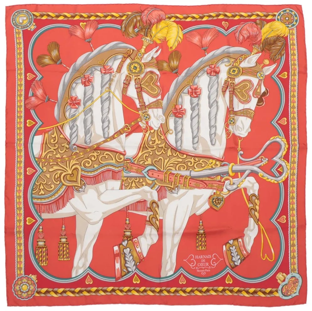 Hermès Hermès Carré 90 "HARNAIS DE COEUR" Silk handkerchief in Red Rood
