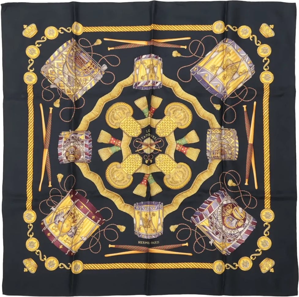 Hermès Hermès Carré 90 "LES TAMBOURS" Silk handkerchief in Black Zwart