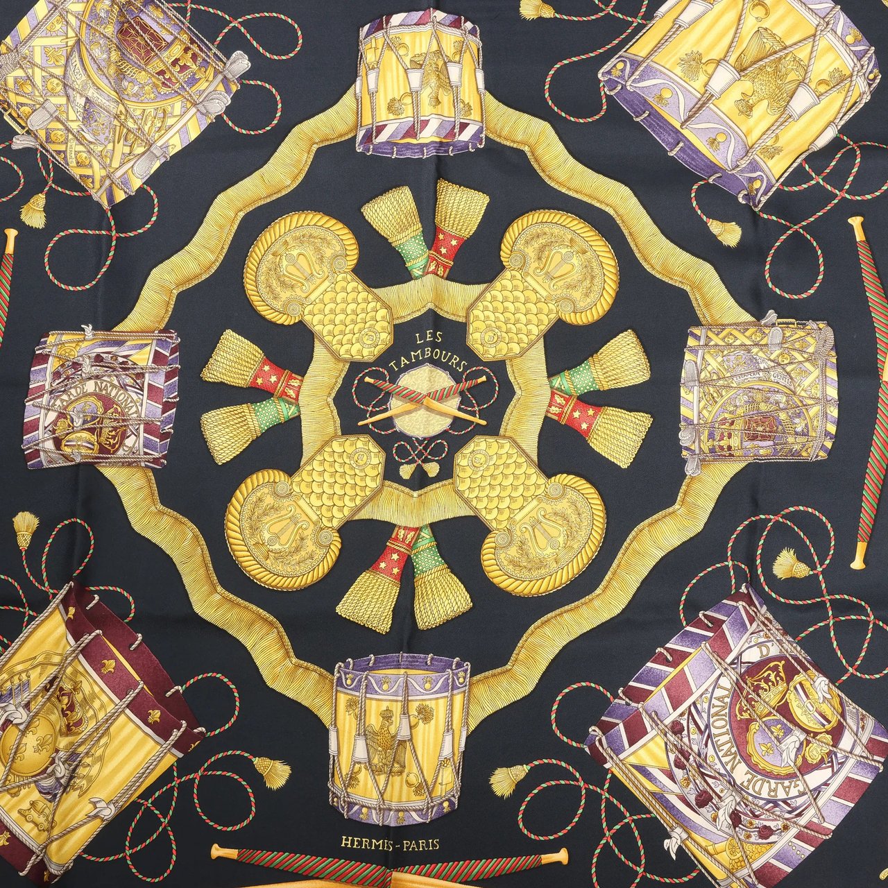 Hermès Hermès Carré 90 "LES TAMBOURS" Silk handkerchief in Black Zwart