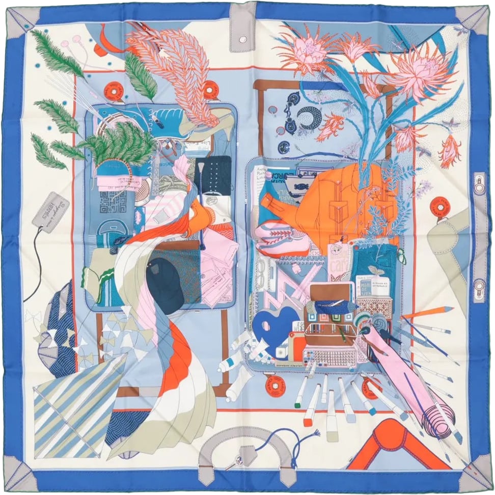 Hermès Hermès Carré 90 "BAGAGE A MAIN" Silk handkerchief in Blue Blauw