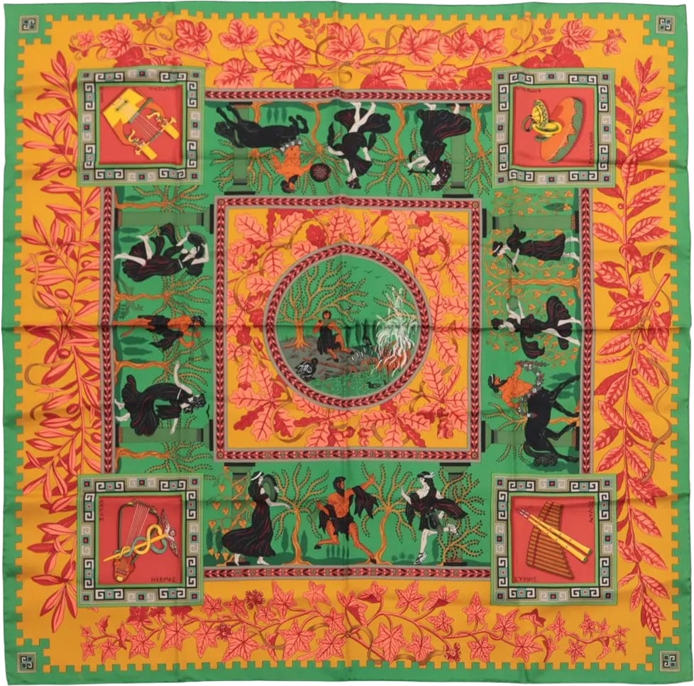 Hermès Hermès Carré 90 "MUSIQUE DES DIEUX" Silk handkerchief in Orange x Green Oranje