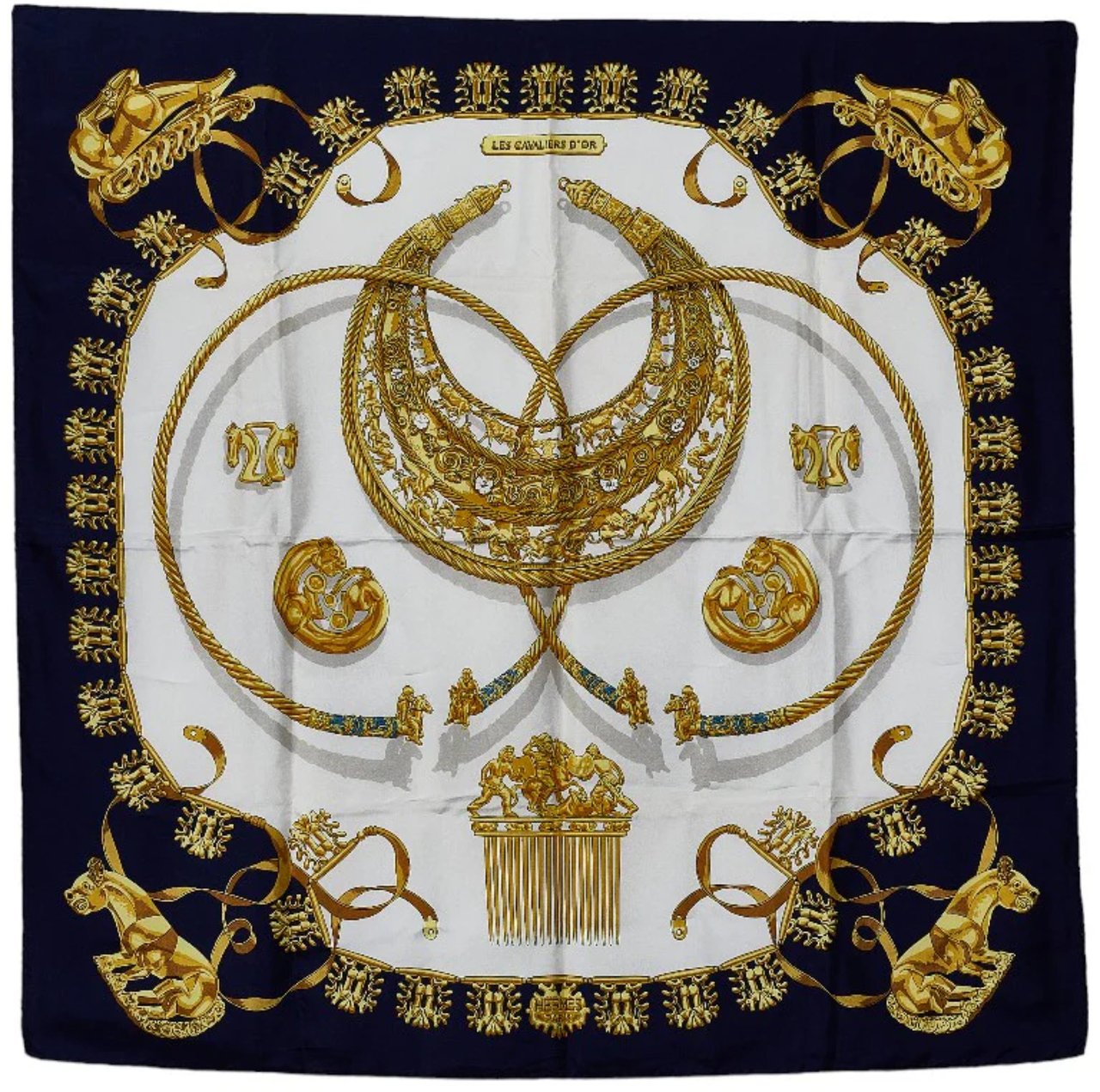 Hermès Hermès Carré 90 "LES CAVALIERS D'OR" Silk handkerchief in Navy Blue Blauw