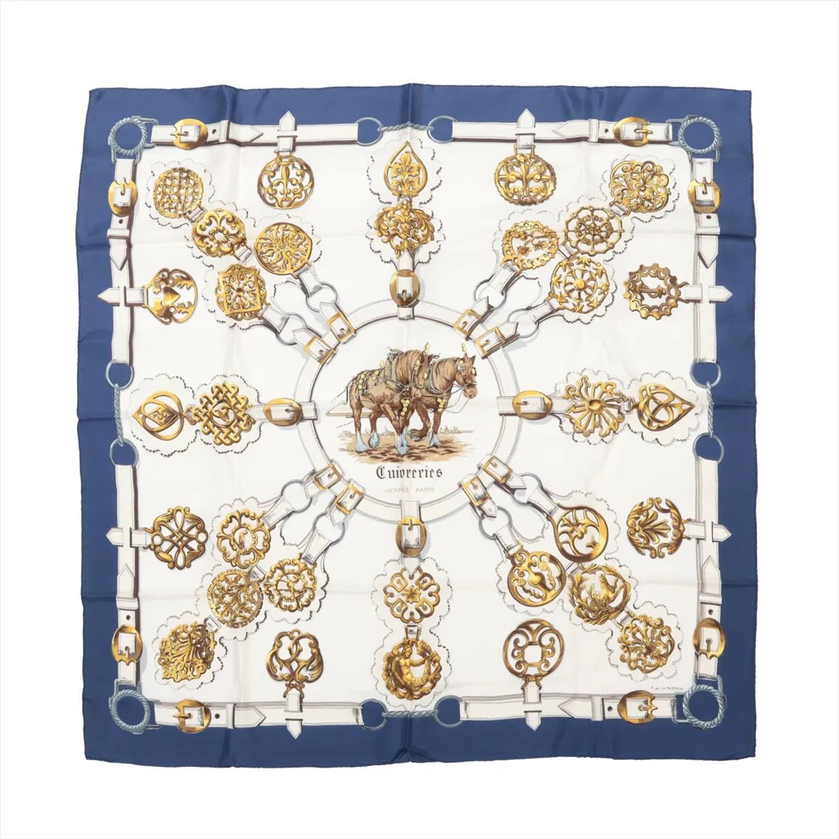 Hermès Hermès Carré 90 "Cuivreries" Silk handkerchief in Navy Blue x White Blauw