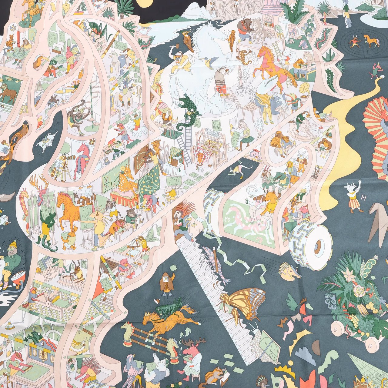 Hermès Hermès Carré 90 "Academia Ipica" Silk handkerchief in Gray Divers