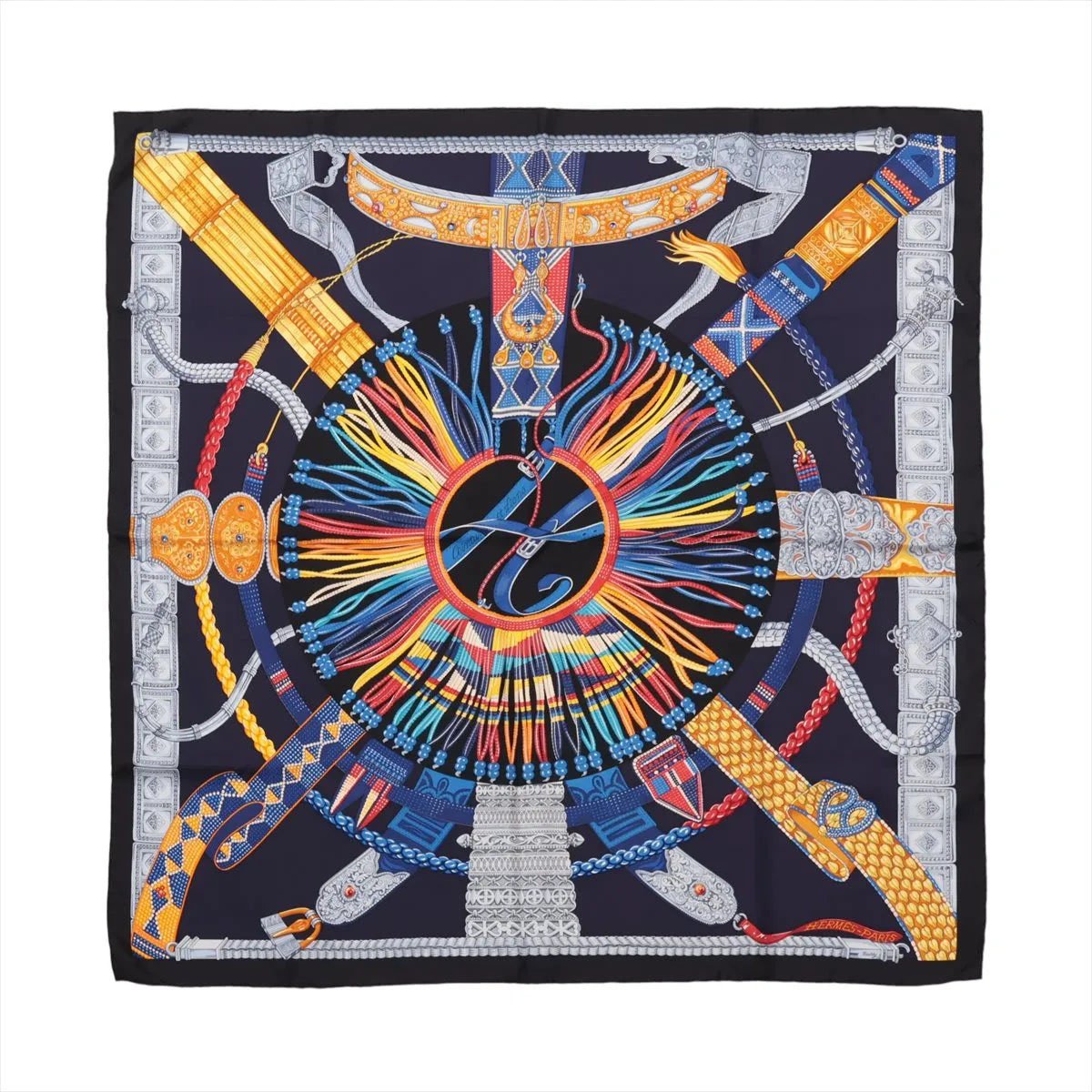 Hermès Hermès Carré 90 "Ceintures et Liens Belts and Strings" Silk handkerchief in Navy Blue Blauw