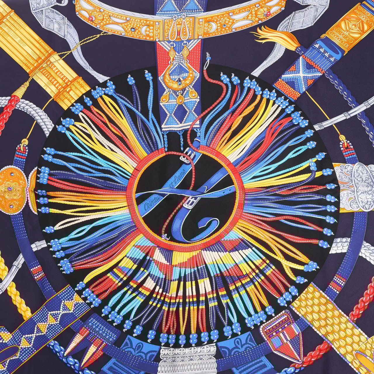 Hermès Hermès Carré 90 "Ceintures et Liens Belts and Strings" Silk handkerchief in Navy Blue Blauw