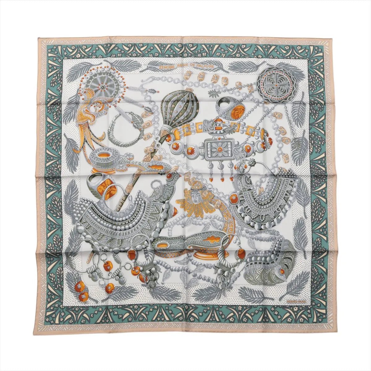 Hermès Hermès Carré 90 "Zenobie Reine de Palmyre" Silk handkerchief in Beige x Green Divers