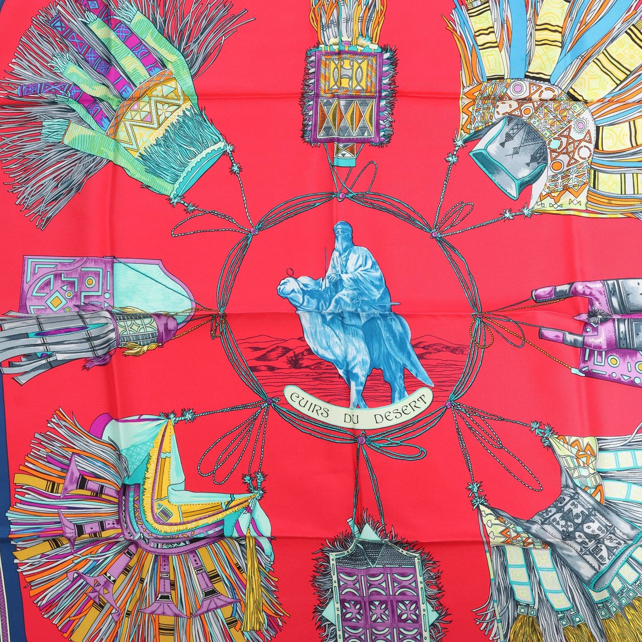 Hermès Hermès Carré 90 "Cuirs Du Desert" Silk handkerchief in Navy Blue x Red Blauw