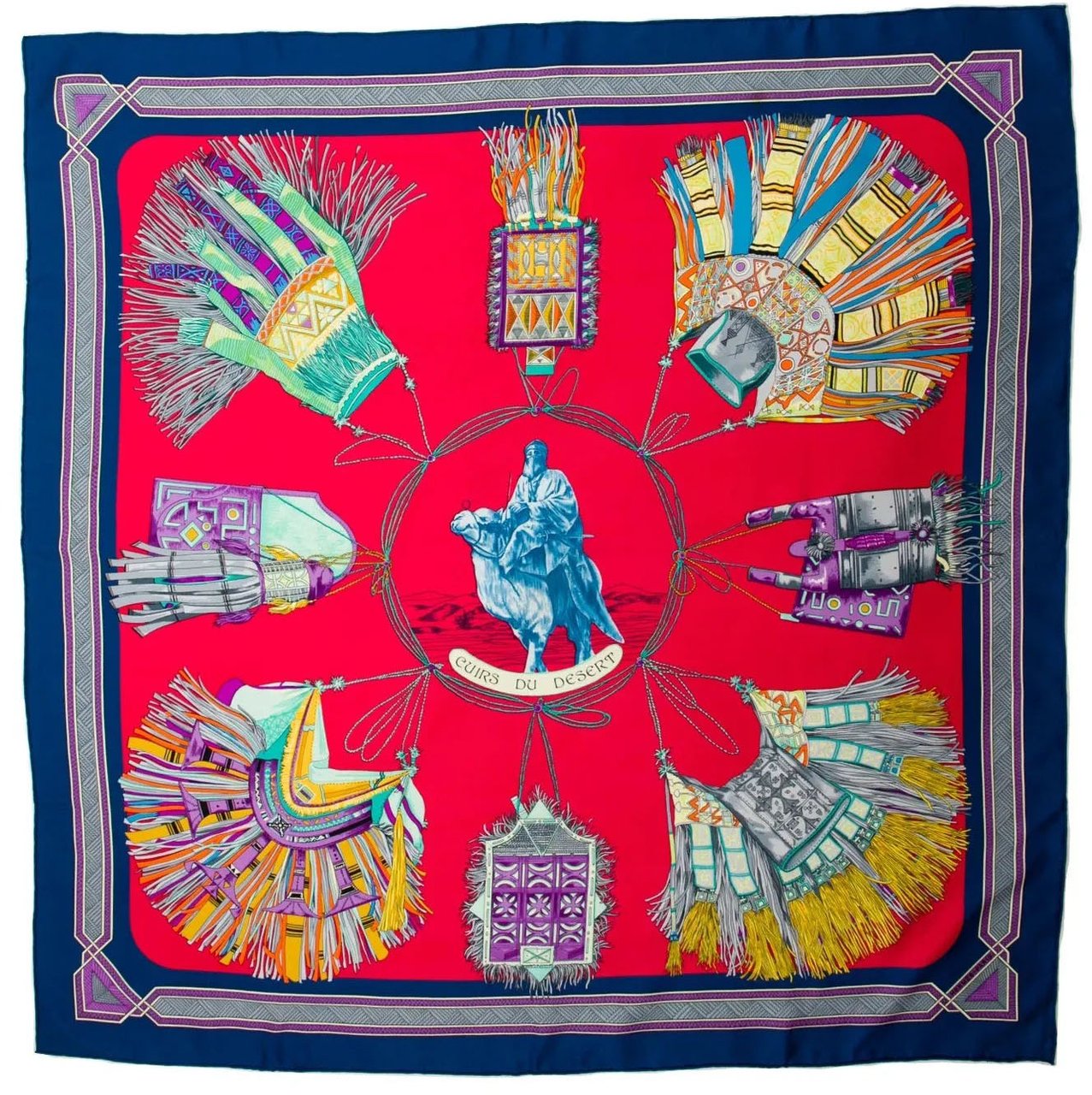 Hermès Hermès Carré 90 "Cuirs Du Desert" Silk handkerchief in Navy Blue x Red Blauw