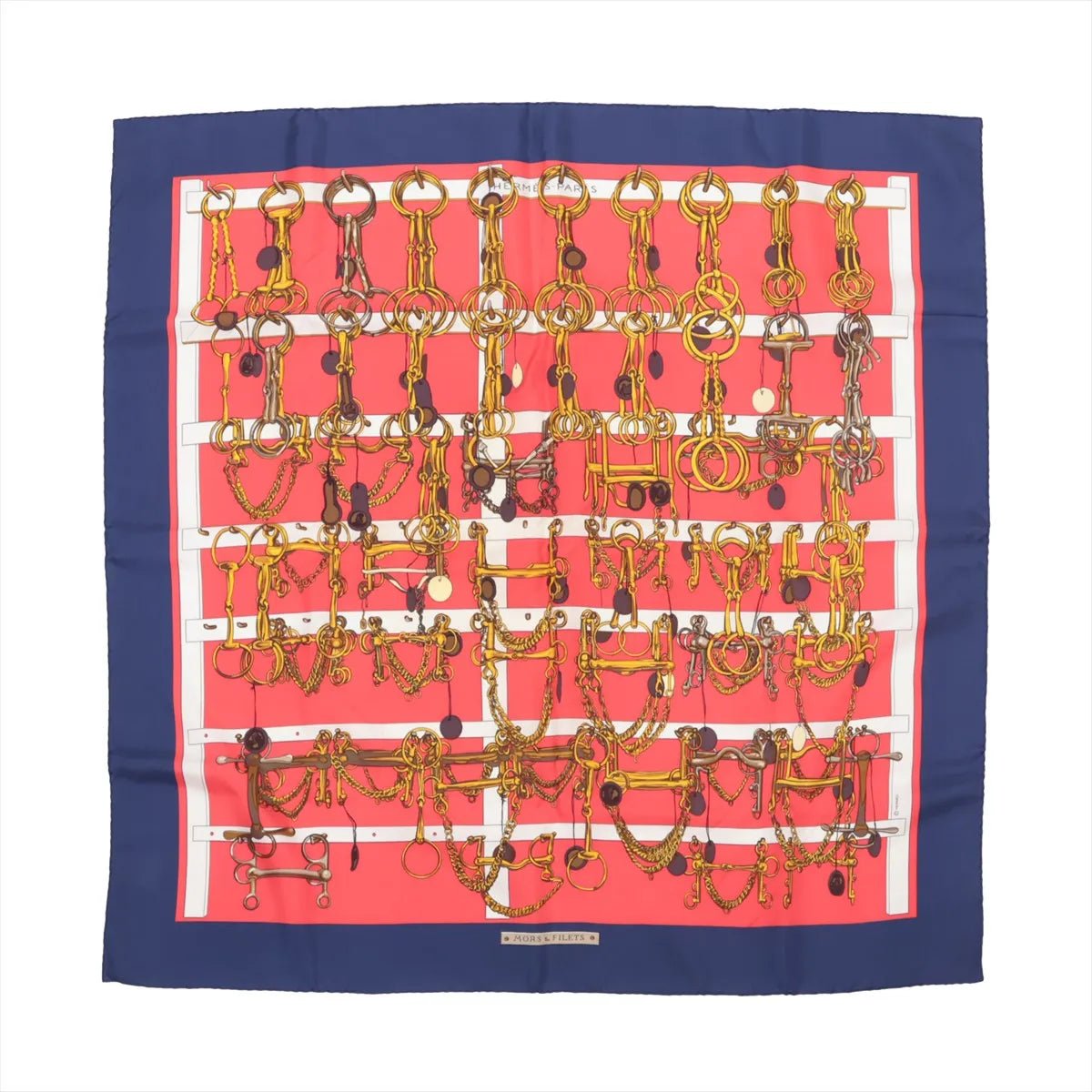 Hermès Hermès Carré 90 "MORS&FILETS" Silk handkerchief in Red x Navy Blue Rood
