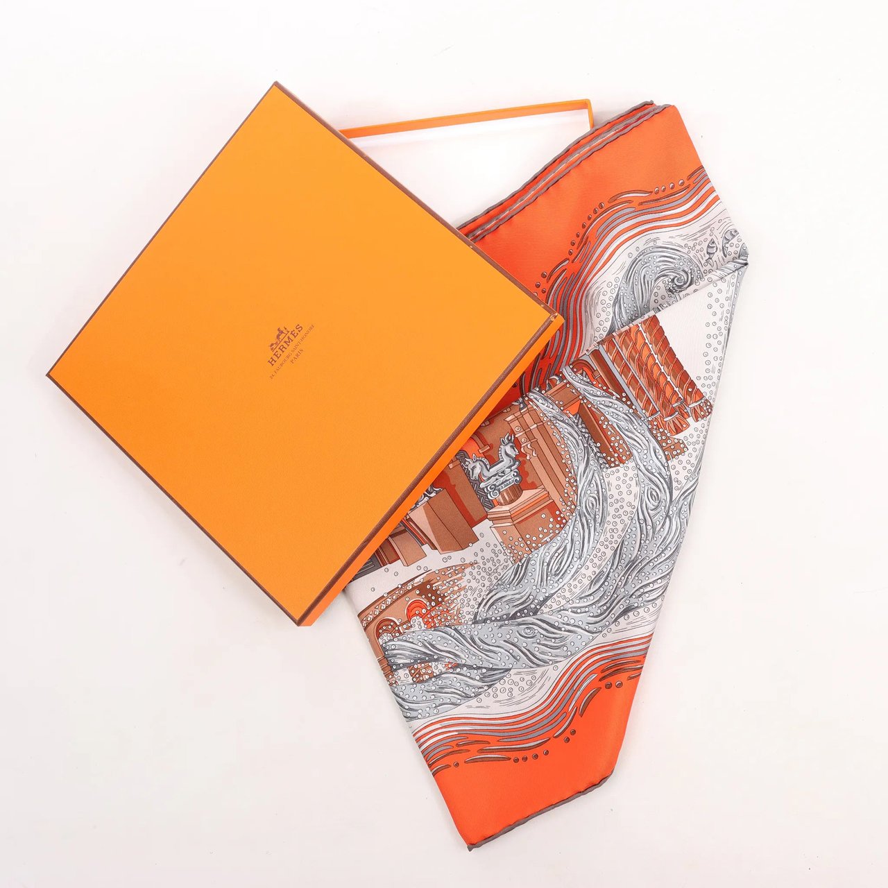 Hermès Hermès Carré 90 "LES RIVIERES DE BABEL" Silk handkerchief in Orange Divers