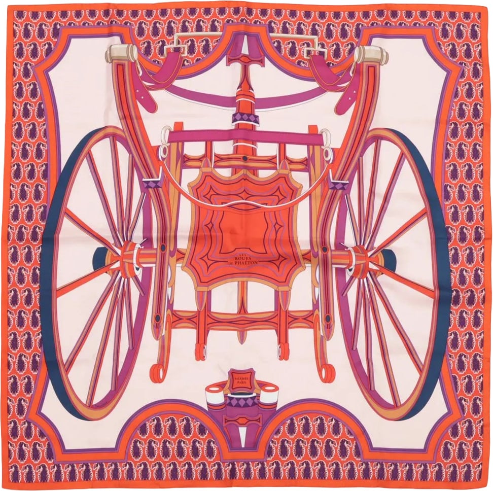 Hermès Hermès Carré 90 "LES ROUES DE PHAETON" Silk handkerchief in Orange Divers