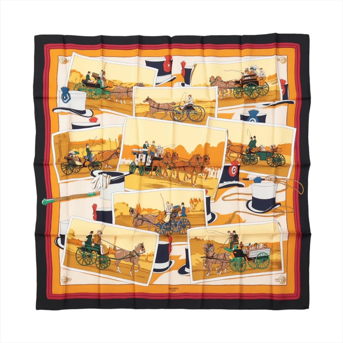 Hermès Hermès Carré 90 "Carriage and Hat" Silk handkerchief in Black x Orange Divers