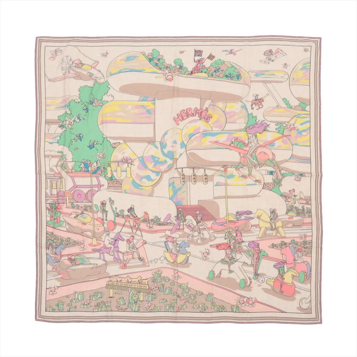 Hermès Hermès Carré Geant "LOCOMOTION" Cashmere and Silk Scarf in Beige Beige