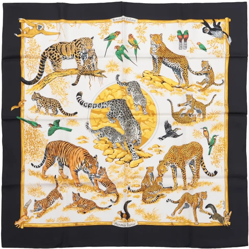 Hermès Hermès Carré 90 "tendresse feline" Silk handkerchief in Black x Yellow Divers