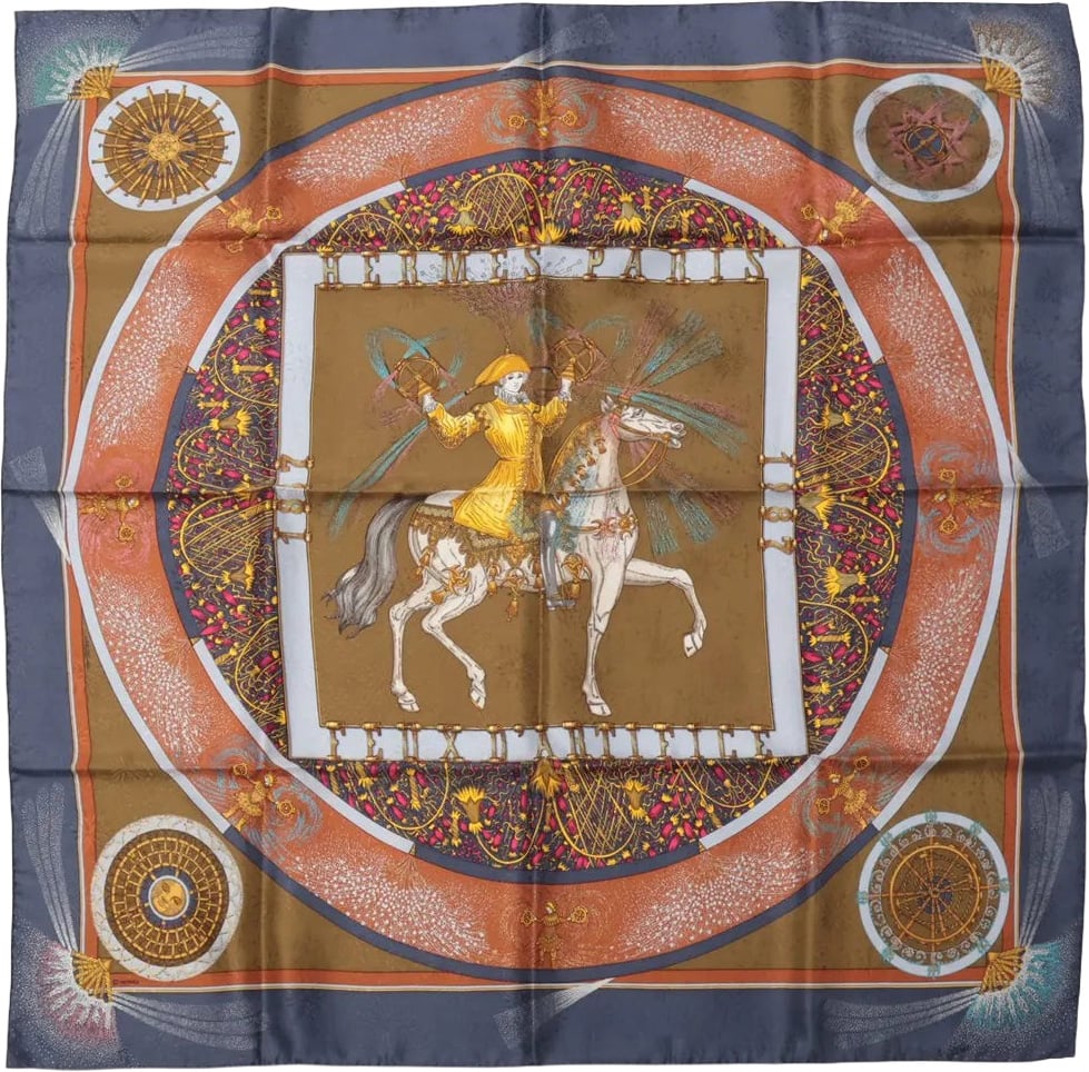 Hermès Hermès Carré 90 "FEUX D’ARTIFICE" Silk handkerchief in Navy Blue x Brown Blauw