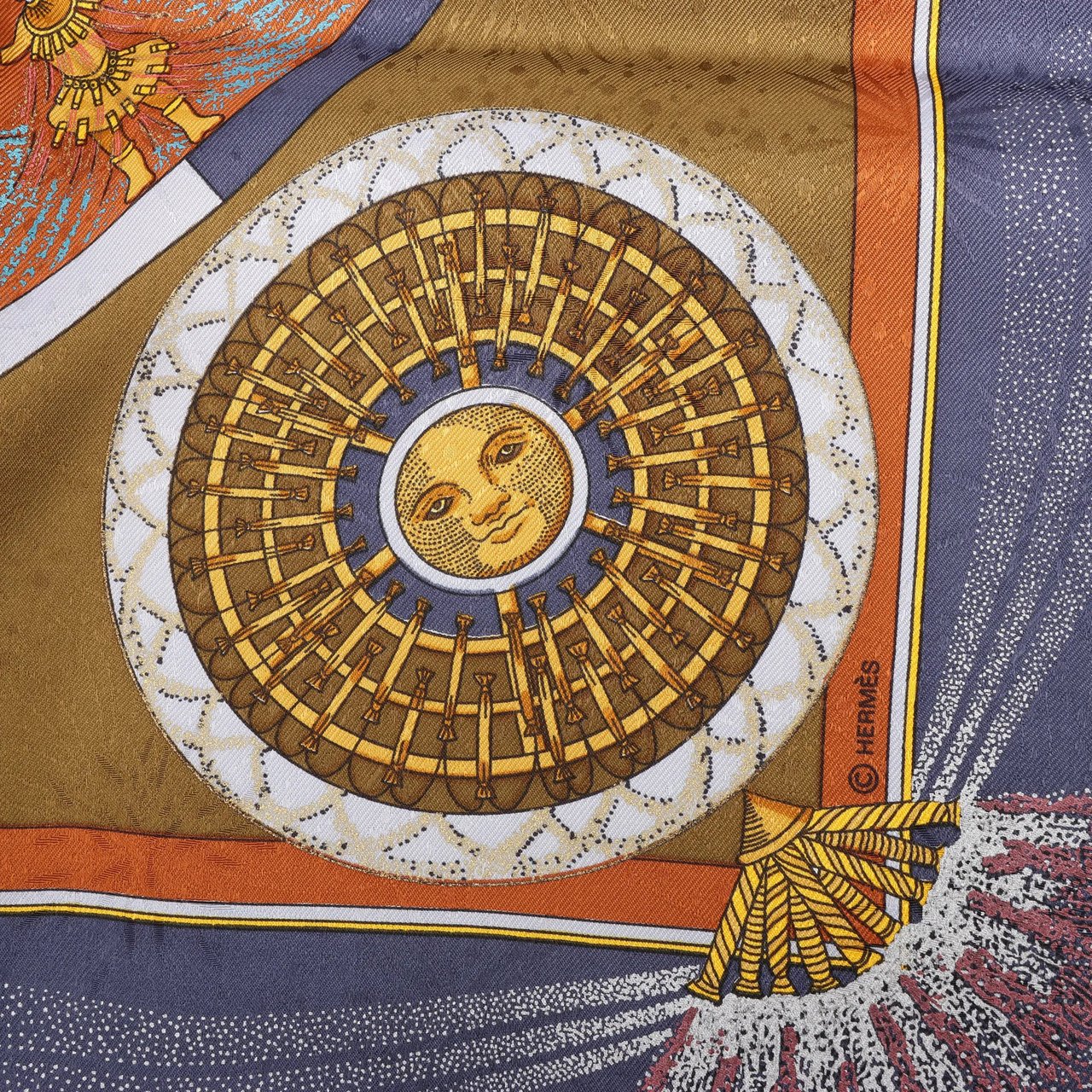 Hermès Hermès Carré 90 "FEUX D’ARTIFICE" Silk handkerchief in Navy Blue x Brown Blauw