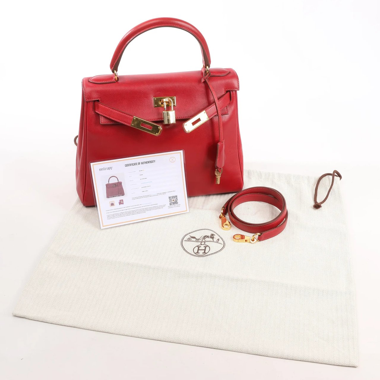 Hermès HERMÈS Kelly 28 Le Tournay Box Leather 2Way Handbag in Rouge ○U:1991 Rood