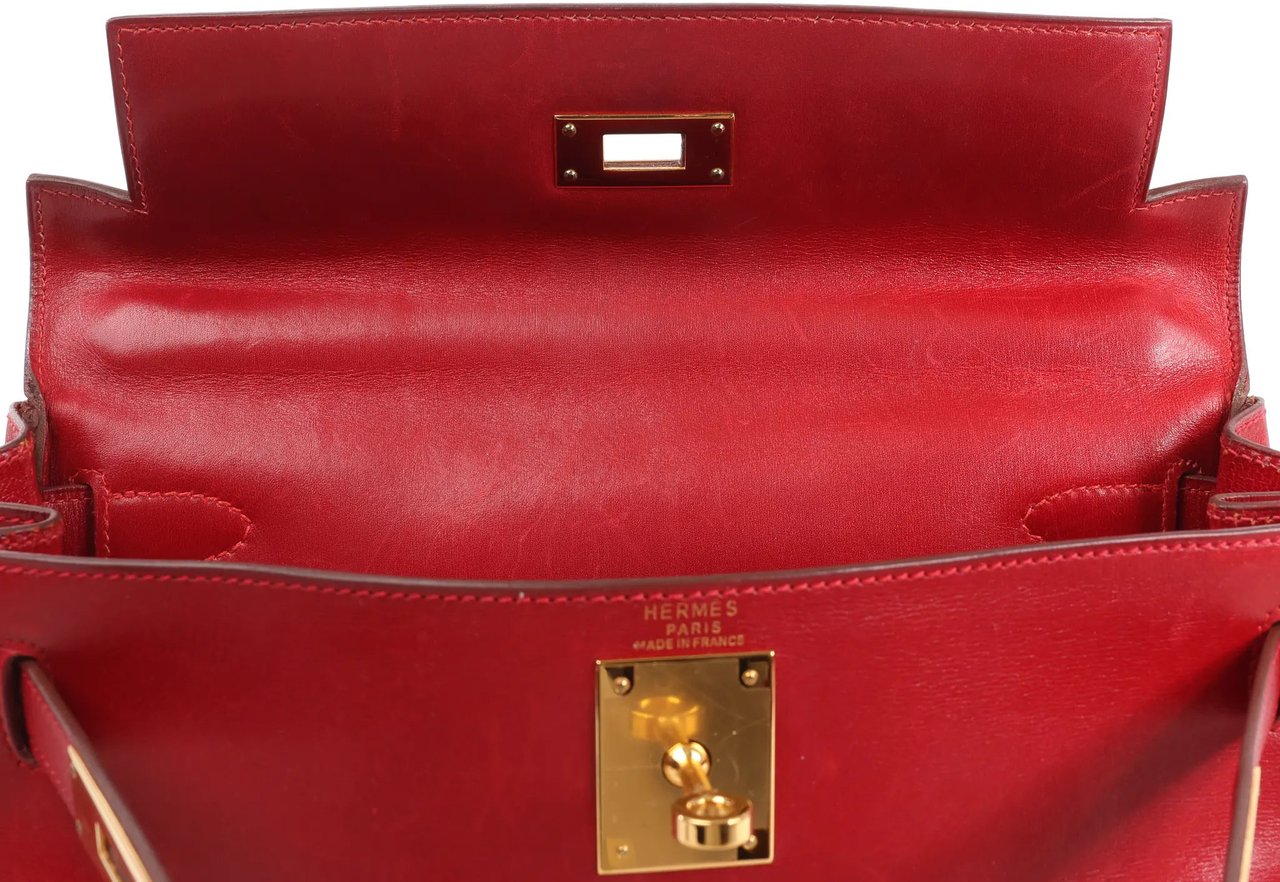 Hermès HERMÈS Kelly 28 Le Tournay Box Leather 2Way Handbag in Rouge ○U:1991 Rood