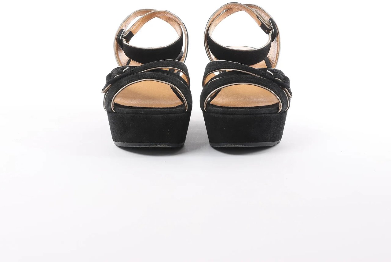 Hermès HERMES Leather & Suede Wedge Sole Sandals in Black, Size 37 EU Zwart