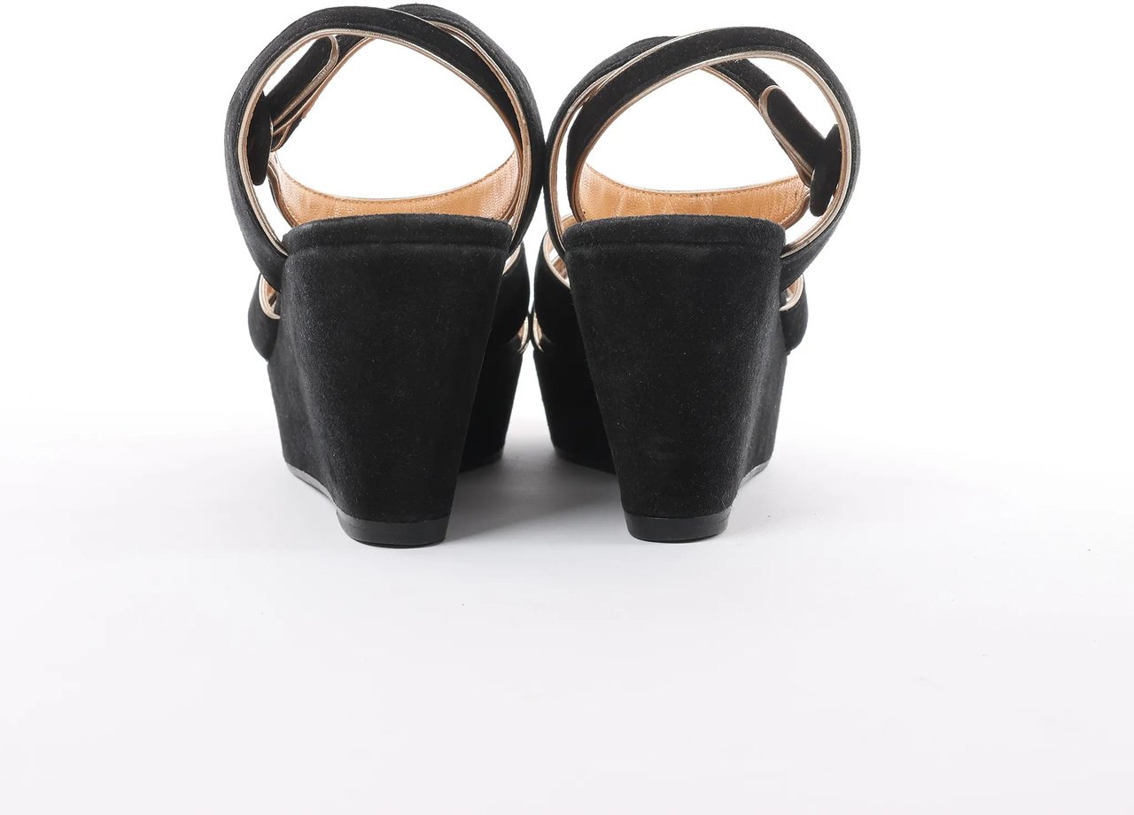 Hermès HERMES Leather & Suede Wedge Sole Sandals in Black, Size 37 EU Zwart