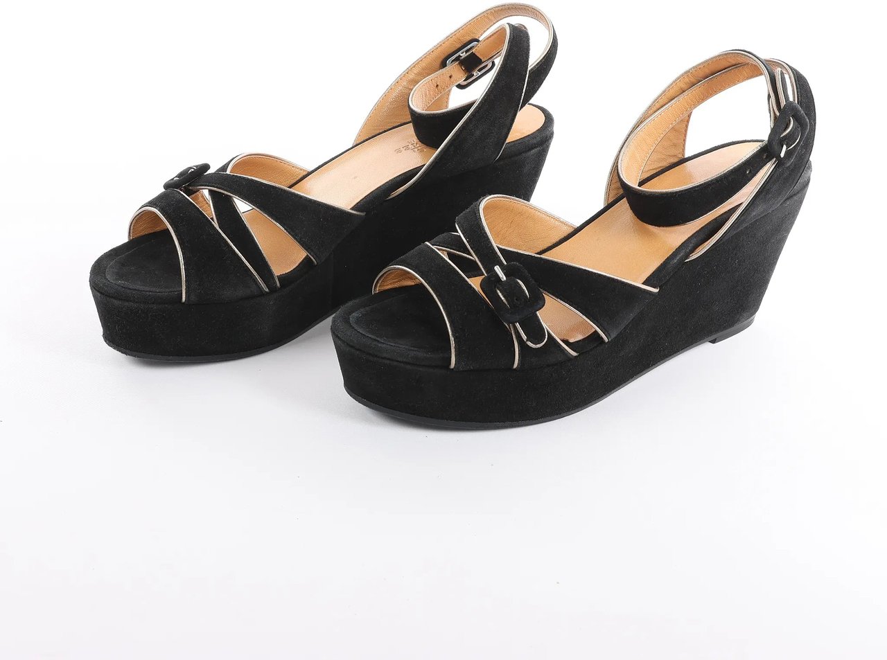 Hermès HERMES Leather & Suede Wedge Sole Sandals in Black, Size 37 EU Zwart