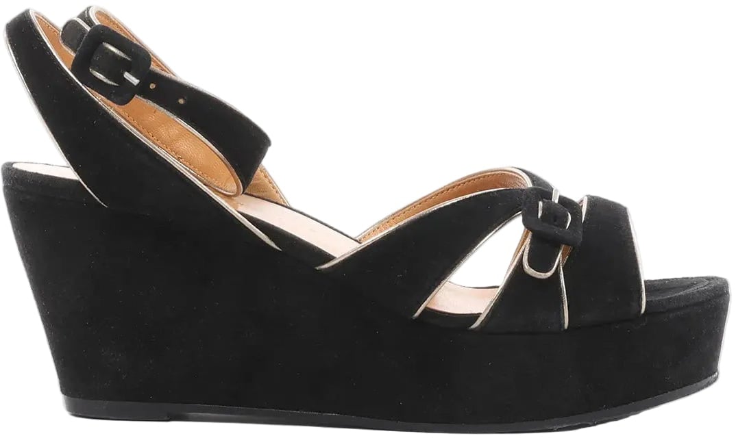Hermès HERMES Leather & Suede Wedge Sole Sandals in Black, Size 37 EU Zwart