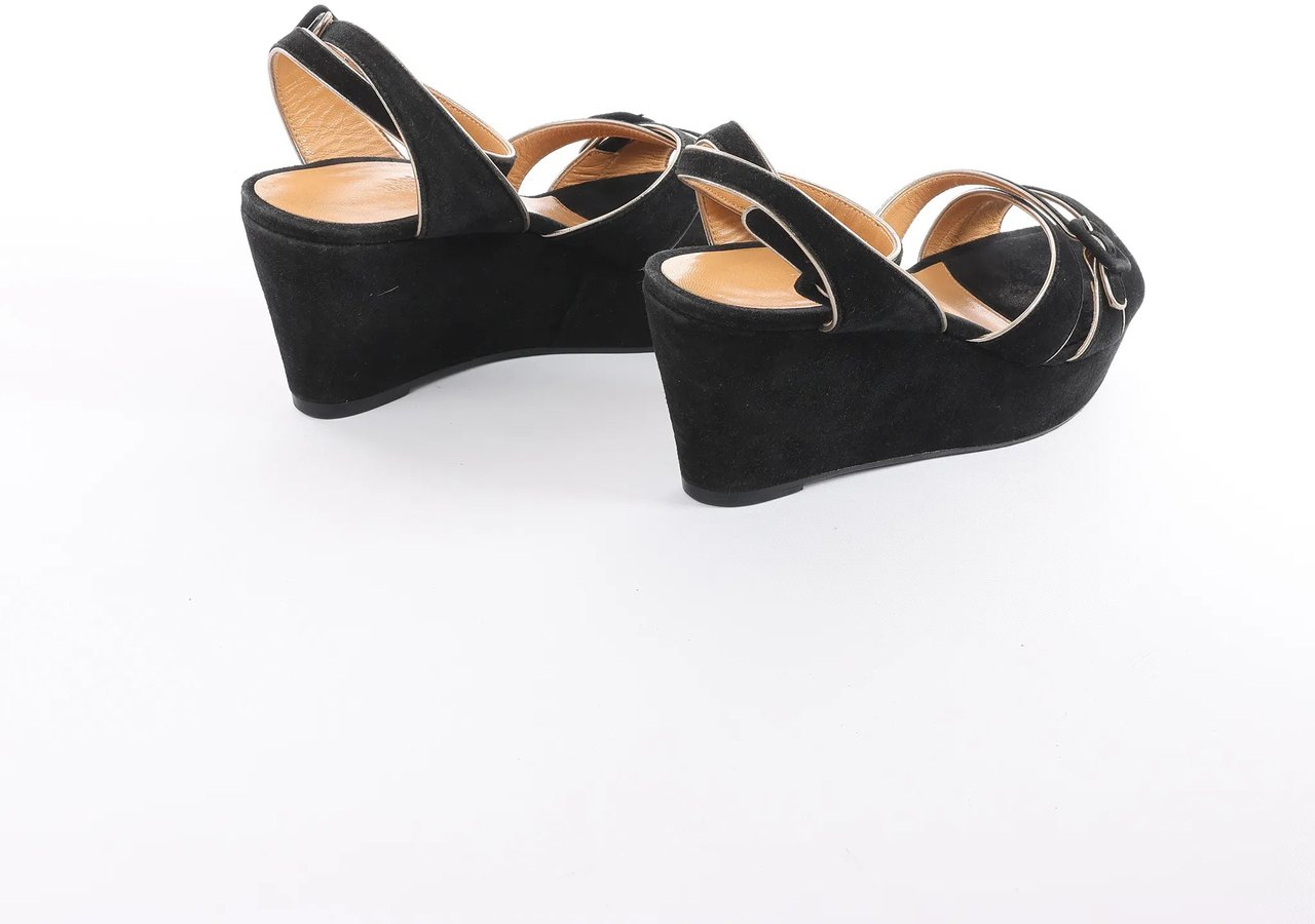 Hermès HERMES Leather & Suede Wedge Sole Sandals in Black, Size 37 EU Zwart