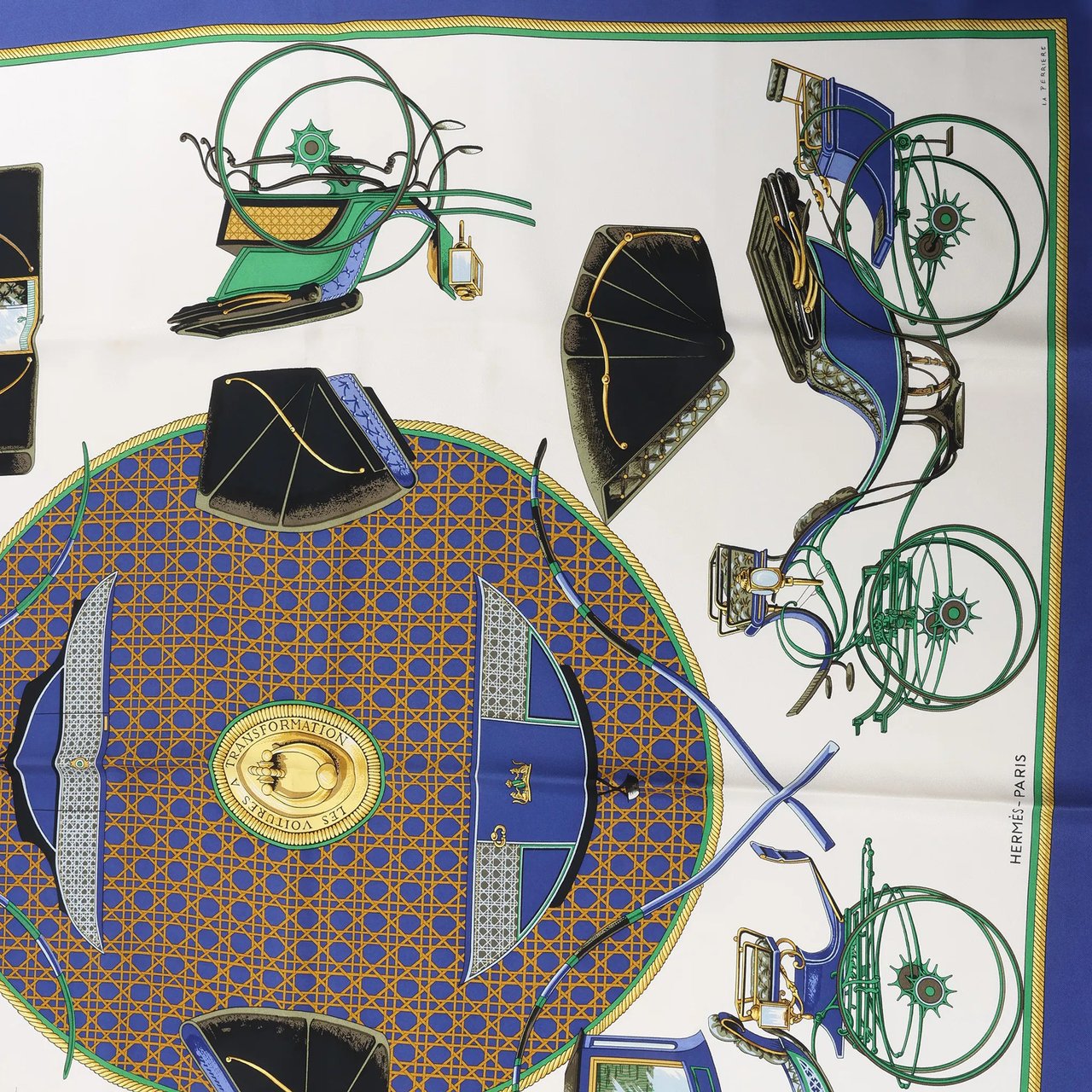 Hermès Hermès Carré 90 "LES VOITURES A TRANSFORMATION" Silk handkerchief in Blue Blauw