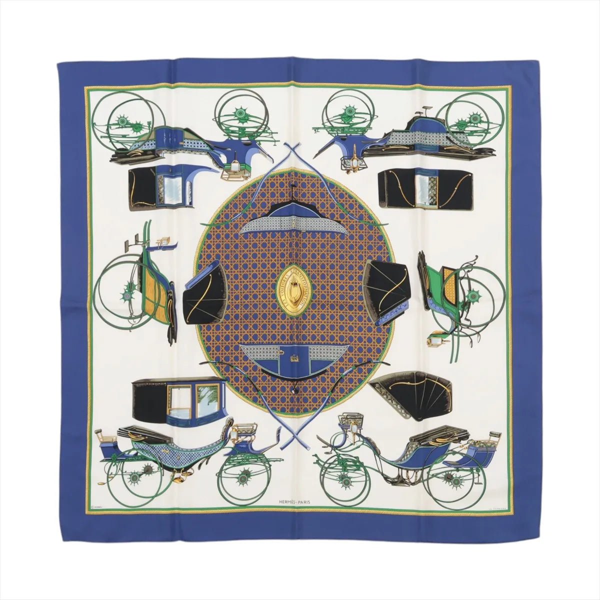 Hermès Hermès Carré 90 "LES VOITURES A TRANSFORMATION" Silk handkerchief in Blue Blauw