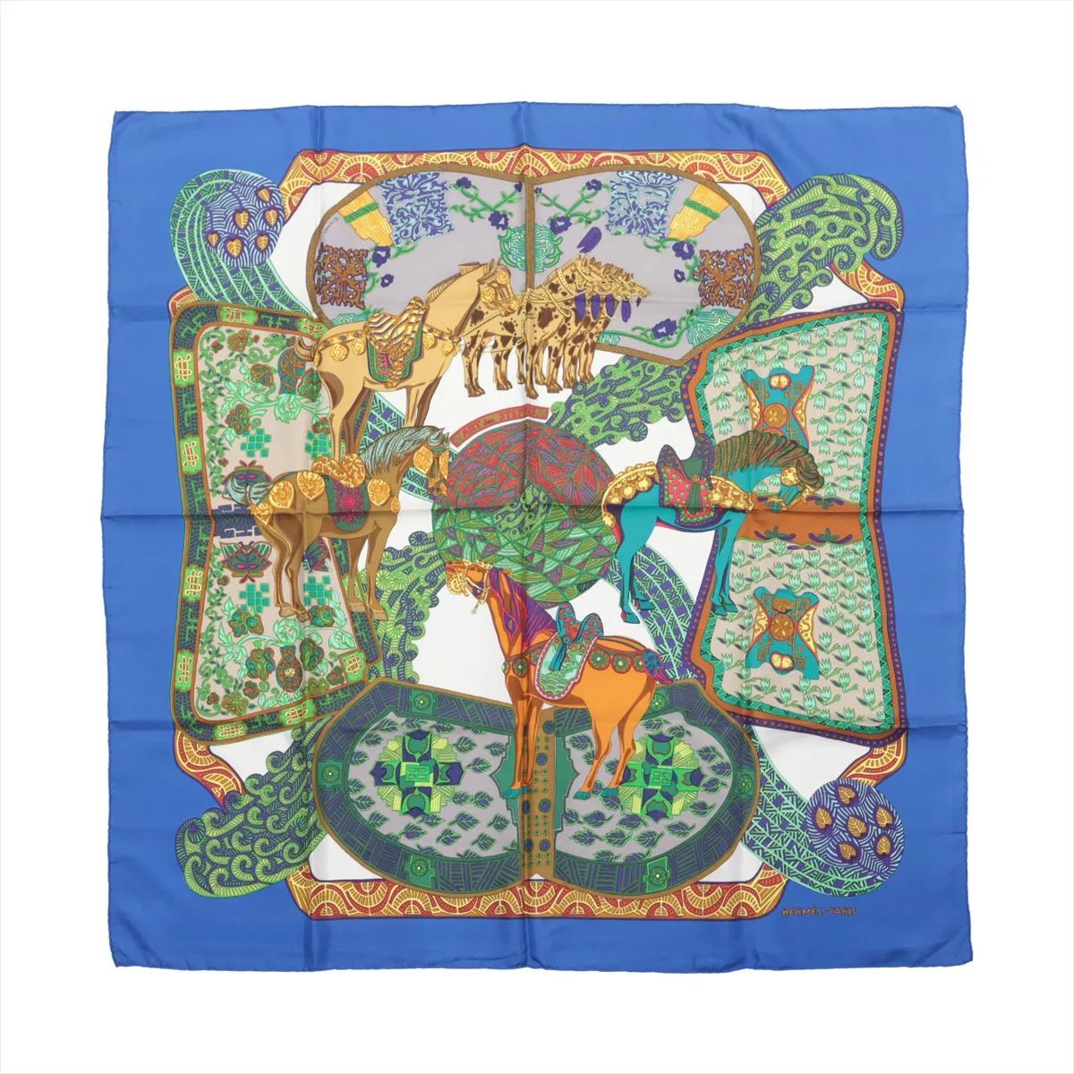 Hermès Hermès Carré 90 "Art des Steppes" Silk handkerchief in Blue Blauw