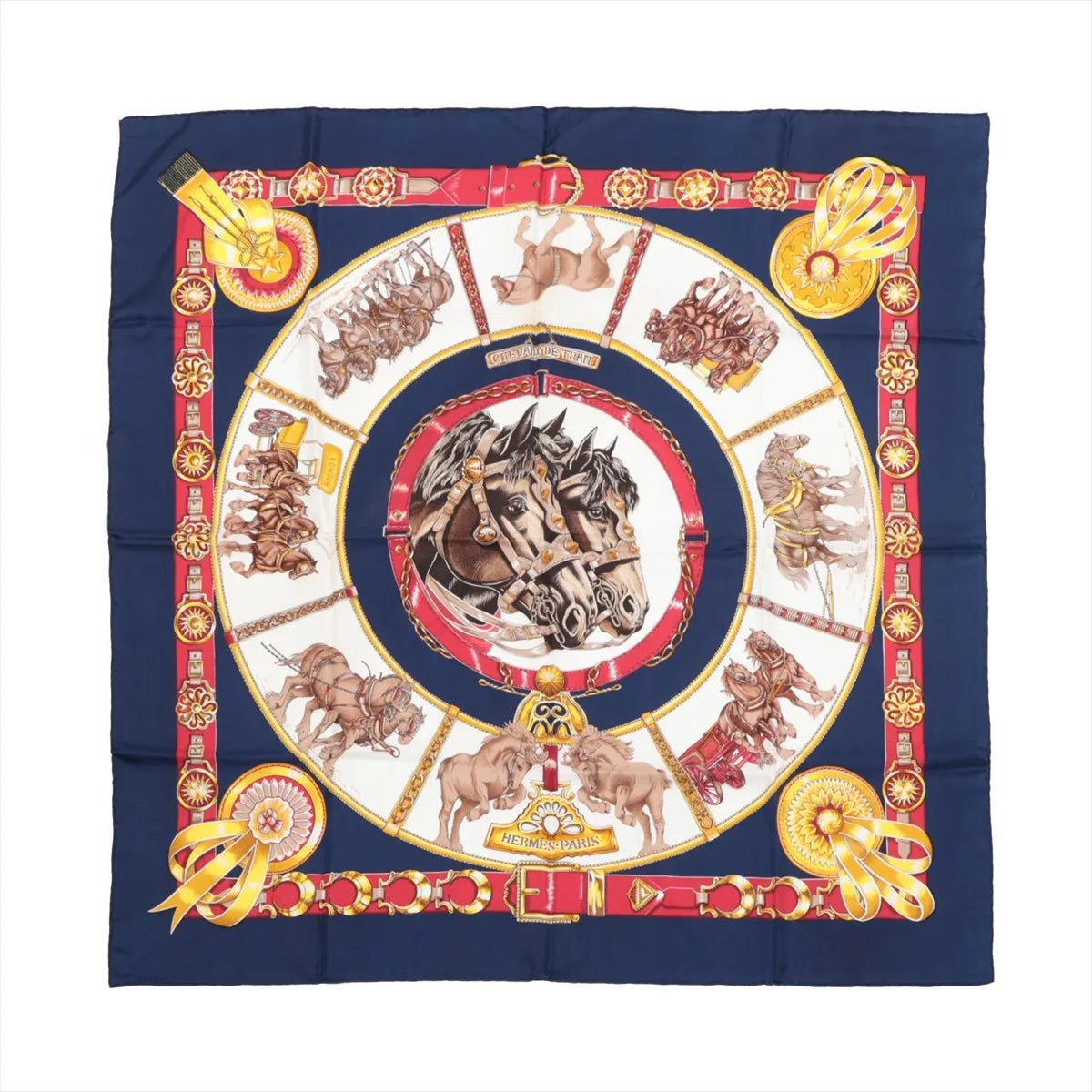 Hermès Hermès Carré 90 "CHEVAUX DE TRAIT" Silk handkerchief in Navy Blue Navy