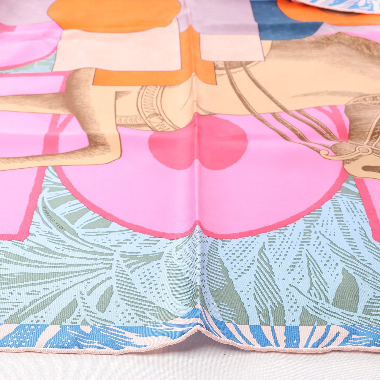 Hermès Carré 90 "CAVALIER EN FORMES" Silk handkerchief in Blue x Pink Divers
