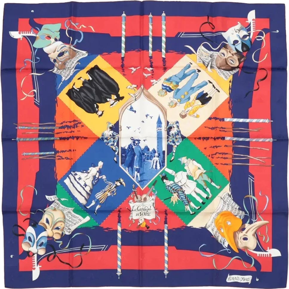 Hermès Hermès Carré 90 "LE CARNAVAL DE VENISE" Silk handkerchief in Navy Blue x Red Divers
