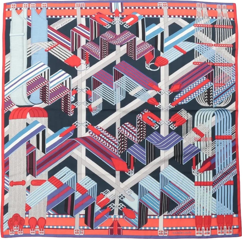 Hermès Hermès Carré Géant "SANGLES EN ZIGZAG" Cashmere x Silk scarf in Blue x Red Divers