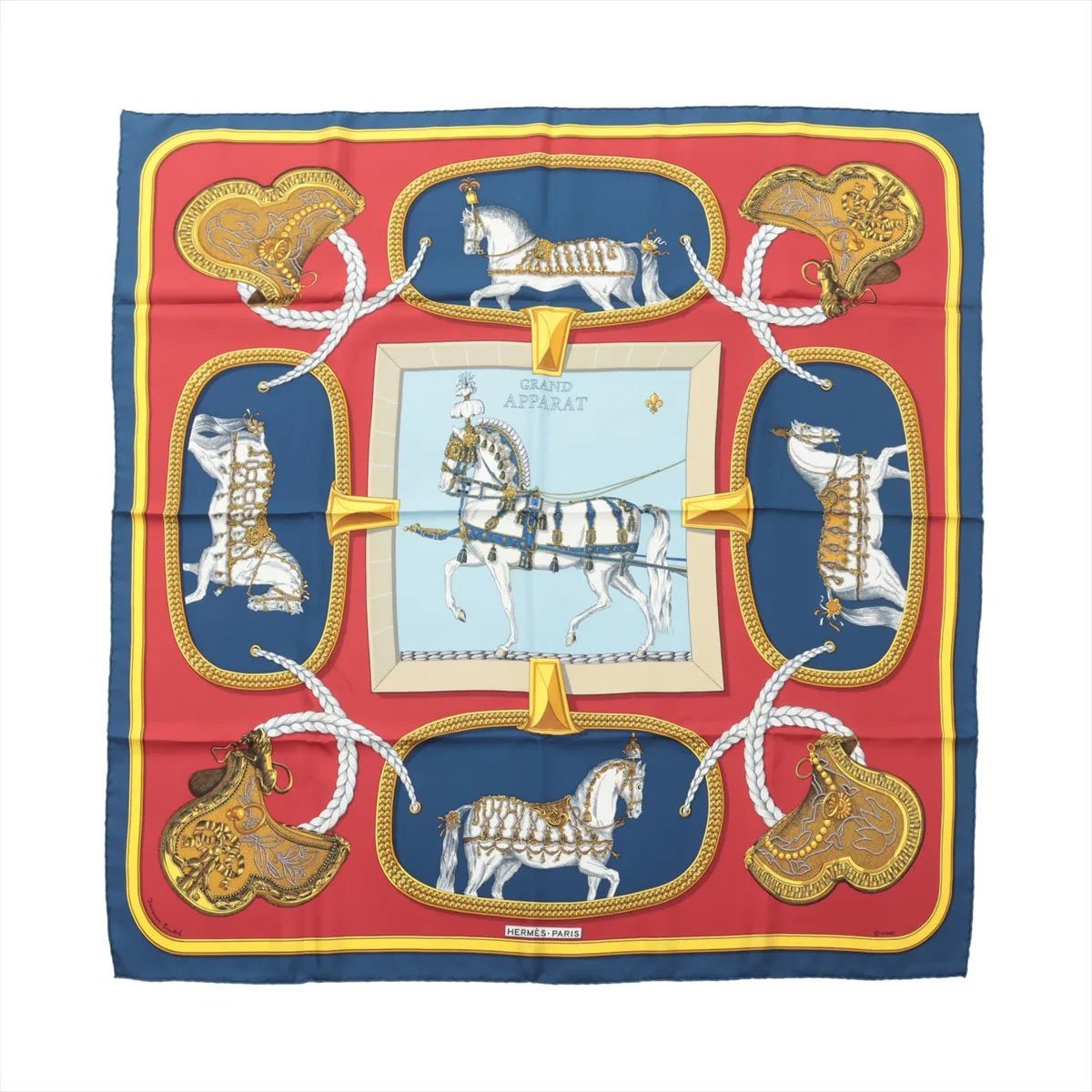 Hermès Carré 90 "GRAND APPARAT" Silk handkerchief in Navy Blue x Red Divers